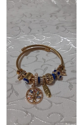 Uzel Çelik Sarı Gold Model Love Yazılı, Incili, Hayat Ağacı Charmlı Çelik Bileklik
