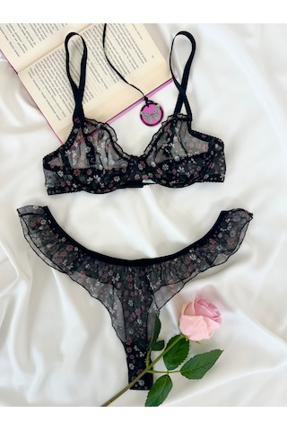Arinda Butterfly Siyah Tül Çiçek Desenli Balenli Kapsız Fırfırlı Bralette Sütyen Tanga İç Çamaşırı Takımı Alt Üst 2 Parça