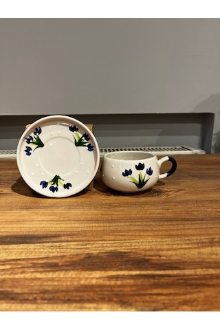 Mavi Çiçek Desenli Seramik Kupa, Mug, Double Türk Kahvesi Filtre