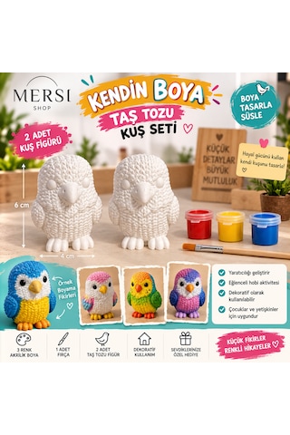Kendi Kuşunu Boya Seti 2 Li Taş Tozu Figür 3 Renk Boya Ve Fırçalı Hobi Boyama Seti