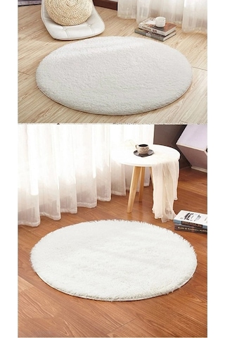 Raschel Carpet Carpet Yıkanabilir Kaymaz Taban Yuvarlak Peluş Halı Beyaz