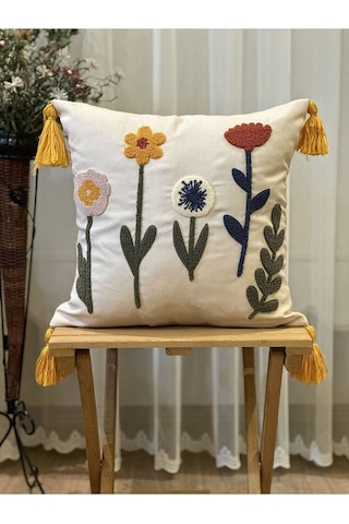 Tekli Punch İşlemeli Çiçekli Flowers Pançlı Nakışlı Dekoratif Kırlent Kılıfı 35x50 Kırmızı