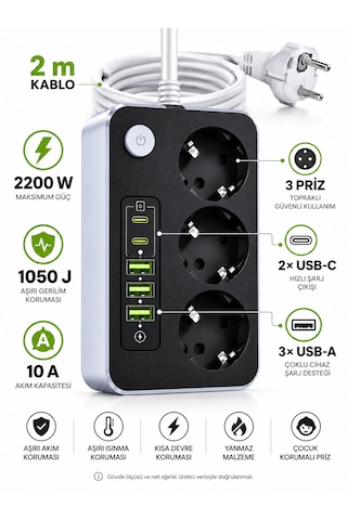 Akım Korumalı 3'lü Priz 2200w 1050j 10a Termal Korumalı 3 Usb 2 Type-c Şarj Girişli 0 - 2 M