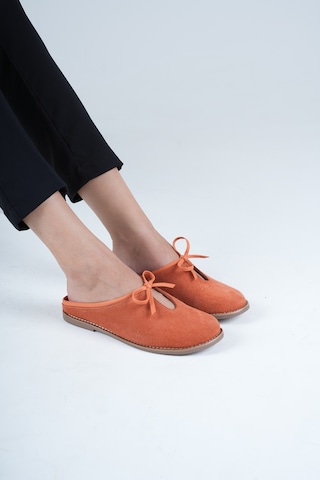 Analin Shoes Kadın Hakiki Deri Fiyonk Detaylı Düz Terlik Turuncu