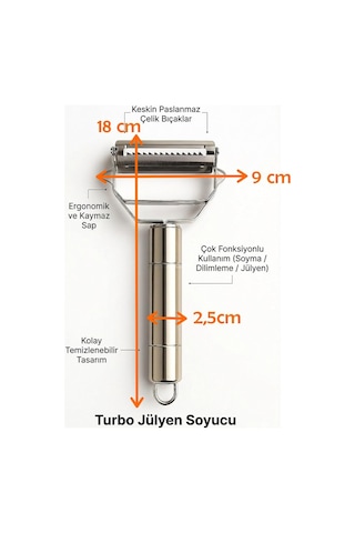 Jumbo Boy Paslanmaz Çelik Turbo Jülyen Sebze Ve Meyve Soyucu Pratik Soyacak Metal Sebze Soyacak 18cm Gümüş