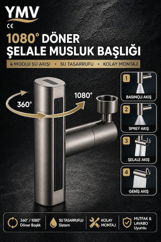 Ymv 4 Modlu Şelale Musluk Başlığı Ayarlanabilir Mutfak Lavabo Batarya Ucu Aparatı 360 Ayarlanabilir Dönerli Musluk Başlığı