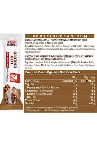 Proteinocean Çikolata Ve Fındık Aromalı Yüksek Protein Bar 50 G 2 Adet