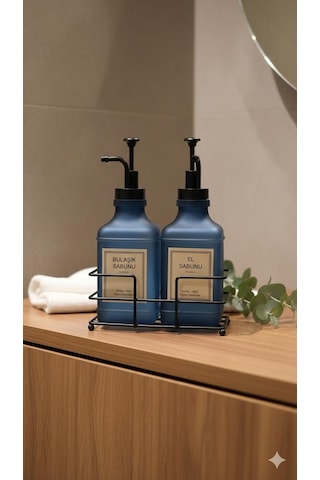 Morponi Metal Stantlı 2'li Soft Cam Sabunluk Ve Deterjanlık 300 Ml Mavi Mavi
