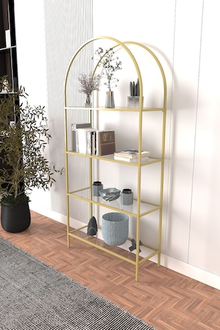 Mona Gold Kitaplık Dekoratif Aksesuar Rafı Mutfak Rafı Şeffaf Cam