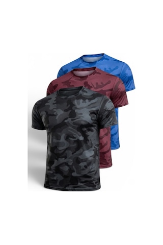 Serablanka 3'lü Erkek Nem Emici Hızlı Kuruma Atletik Teknik Kamuflaj Desenli Spor T-shirt Siyah-bordo-mavi Çok Renkli