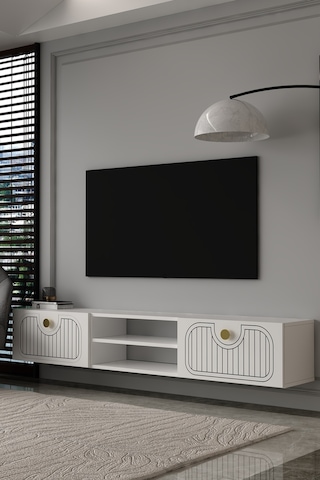 180dhdtdar3ba Hera Lazer Desenli Duvara Monte Raflı Tv Sehpası,ünitesi Beyaz-altın