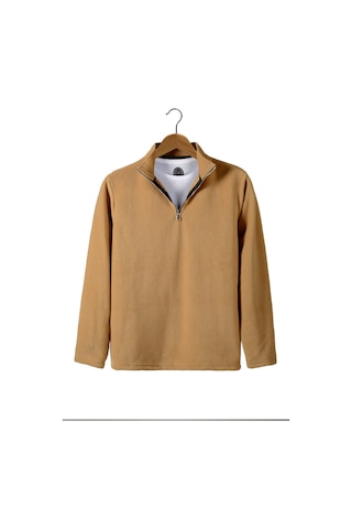 Bej Yarım Fermuarlı Regular Kalıp Dik Yaka Polar Sweatshirt Bej