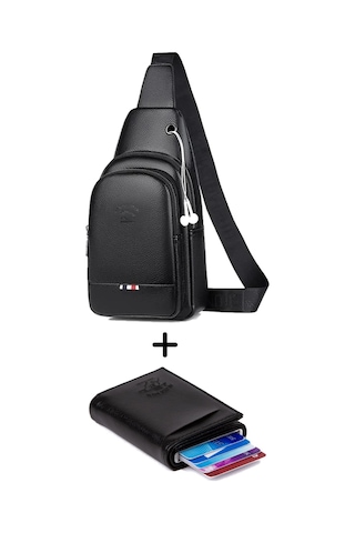 Newish Polo Erkek Mekanizma Cüzdan Kartlık Ve Çapraz Omuz Çantası New130 Siyah - Beyaz - Gri