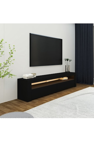 Batı Led Işıklı 2 Kapaklı TV Sehpası 150 cm Minimal Tasarım, Ahşap siyah