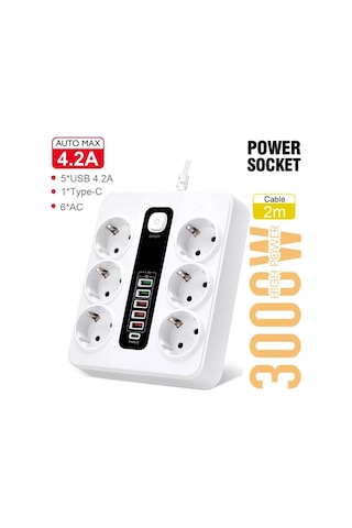 Hp-h04 3000w 10amper 6 Lı 2metre Uzatma Kablolu Çoklu Termal Akım Priz 2 M