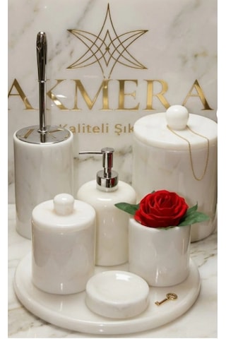 Akmera Home Mermer Kulplu 7 Parça Şık Banyo Seti Özel Tasarım Beyaz