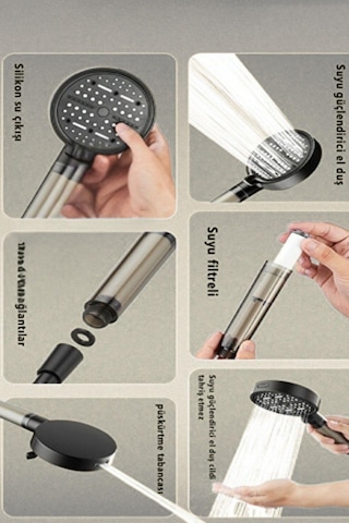 6 Fonksiyonlu Filtreli Duş Başlığı 10 Adet Yedek Filtre Su Tasarruflu Basınçlı Kireç Klor Önleyici Siyah