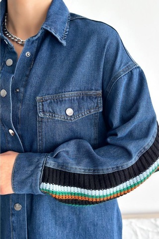 Femelle Kadın Mavi Sırtı Triko Şerit Detaylı Oversize Kot Ceket