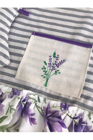 Lavanta Nakışlı, Fırfırlı, Buldan Keten Fırın Önlüğü Örtüsü Ve Eldiveni