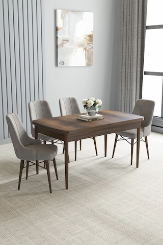 Zümra Serisi, Barok Ahşap Desen 80x132 Açılabilir Mdf Mutfak Masası Takımı 4 Adet Sandalye, Gri