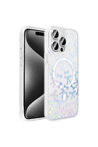 Techaks Apple Uyumlu iPhone 15 Pro Max Kılıf M-safe Şarj Özellikli Şeffaf Zore Folk Sert Kapak - Fiyonk Beyaz