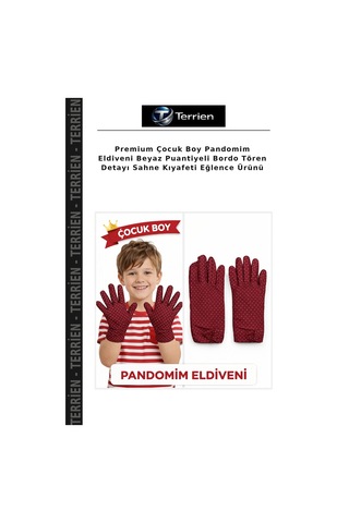 Terrien Premium Çocuk Boy Pandomim Eldiveni Beyaz Puantiyeli Bordo Tören Detayı Sahne Kıyafeti Eğlence Ürünü 00-kırmızı