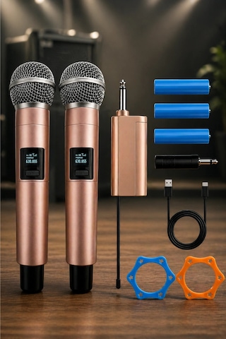 Jrl Wn-11 Profesyonel Çiftli Kablosuz El Mikrofonu Seti - Uhf Bandı Şarj Edilebilir Alıcılı - Rose G