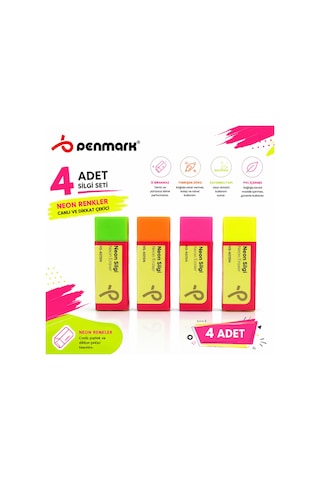 Penmark Neon Renk Silgi Seti 4 Adet Yumuşak Silgi Canlı Renkler