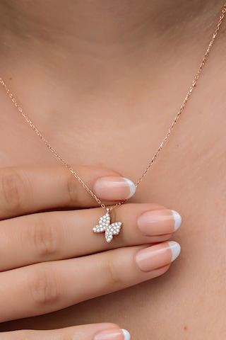 Nereze 925 Ayar Gümüş Rose Zirkon Taşlı Minik Kelebek Kolye