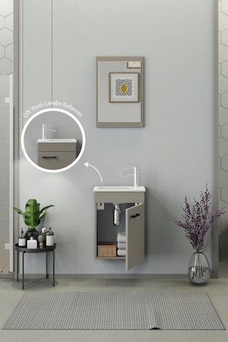 Biani Fix Arya Mini 42 Cm Banyo Dolabı,Seramik Lavabolu, Aynalı,Lavabo Dahil,Mdf,Latte