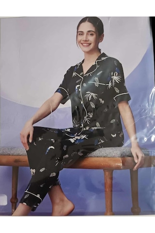 Miss Klein Kadın Büyük Beden Gömlek Yaka Pamuklu Likralı Kısa Kol Pijama Takımı 1138 - 1 Adet Siyah