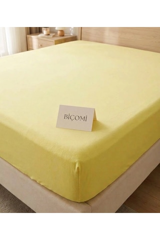 Biçomi Kayma Yapmayan %100 Doğal Pamuk Penye Battal Boy Lastikli Çarşaf 200x200 Cm - Güneş Sarısı Sarı