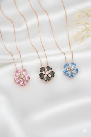 925 Ayar Papatya Silver Doğum Taşlı Unutma Beni Çiçeği Kolye.rose.gold.rodaj Gümüş