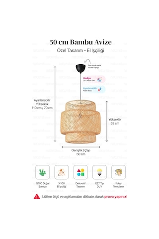 Sinnerlig Bambu Avize 50cm- İskandinav, Modern, Bohem, Rattan Avize, Aydınlatma Hasır