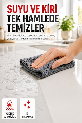 3'lü Mikrofiber Mutfak Temizlik Bezi 40x40 Cm Süper Emici İz Bırakmayan Çok Amaçlı Gri Bez Seti