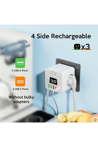 Motion003 Beyaz 3 Ac Cikisi 3 Usb A Ve 2 Usb C Portlu Kompakt Cok Fonksiyonlu Guc Kubu Duvara Monte Edilebilir Asiri Gerilim Korumali Siyah