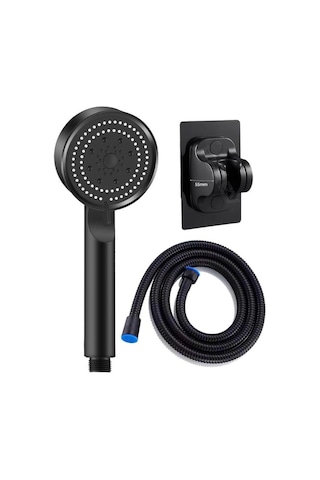Berev 5 Fonksiyonlu Yüksek Basınçlı Duş Başlığı Yapışkanlı Mafsal 150 Cm Hortum Siyah Duş Seti Siyah