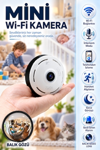 Wifi Balık Gözü Lensli Panoramik Gece Görüşlü Sesli Konuşma Özellikli Sesli Alarmlı Güvenlik Kamerası