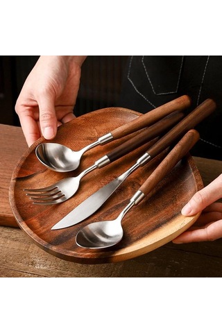 Teltree 304 Paslanmaz Çelik 4'lü Beste: Doğal Ceviz Saplı Yemeklik Takımı Ceviz