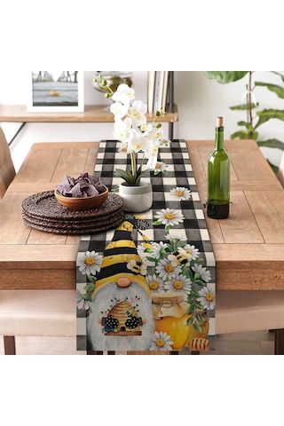 Bahar Arı Gnome Masa Koşucu, Bal Siyah Beyaz Ekose Kontrol Ev Mutfak Yemek Dekor