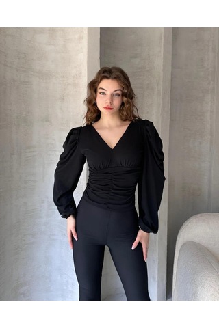Markahit Defile V Yaka Drape Detaylı Crep Bluz Siyah