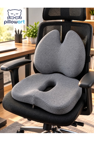 Pillowart Ortopedik Visco Minder 2 Li Set Ergonomik Sırt Bel Desteği Ve Kuyruk Sokumu Destekli Oturma Minderi