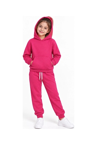 Rony Pony Kids Kız Çocuk Fuşya Kapüşonlu Eşofman Takımı Kanguru Cepli Sweatshirt Ve Jogger Alt 2 Li Set