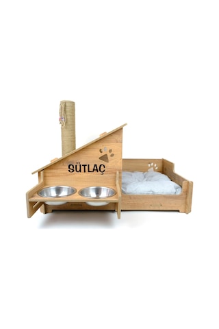 Ahşap Kedi Evi - Mama Kabı - Özel Isim Baskılı - Tırmalama Çubuklu -meşe Mdf - Çelik Kase - 2 400ml