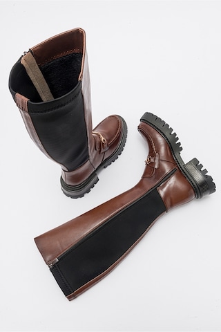 Luvishoes Chapel Taba Cilt Tokalı Streç Detaylı Kadın Çizme Taba