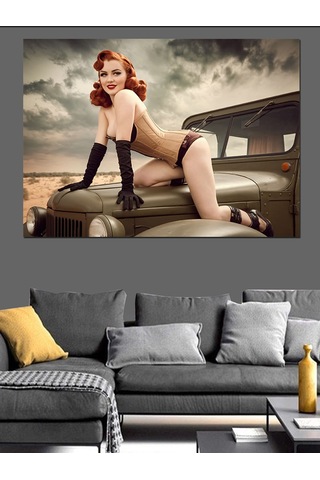 Klasik Arabada Pin-up Kadın Dekoratif Kanvas - Mdf Ahşap Tablo
