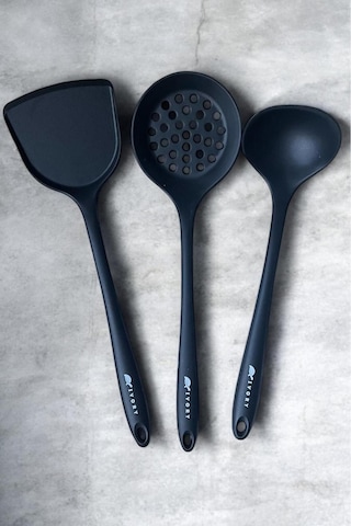 Siyah Ivory Silikon Büyük Boy Kepçe -kevgir -spatula Set Siyah