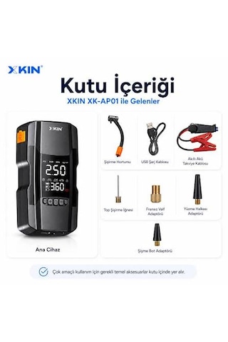 Xkın - 4in1 Akü Takviye Cihazı - 10.000 Mah Powerbank Özellikli - Çantalı Hava Kompresörü