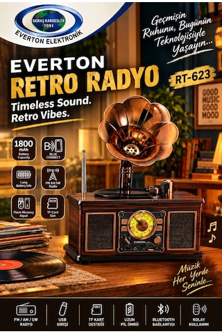 Everton Rt-623 Nostaljik Radyo - Büyük Boy - Gramafon Aksesuarlı - Bluetooth - Usb -aux - Fm Radyo -tf/sd Kart Girişli