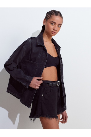 Dilvin 50749 Ön Bölümü Dikişli Oversize Denim Gömlek-siyah Siyah